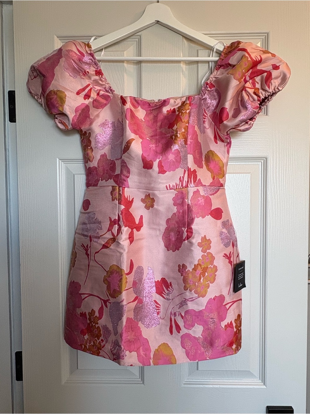 Lulu's Pink Floral Puff-Sleeve Square Neck Mini Dress - Picture 5 of 6